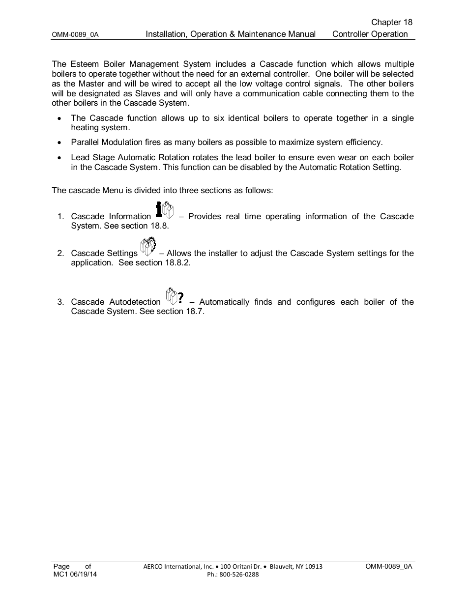 7 cascade menu and operating information | AERCO Esteem Boiler with EZ-Set Controller User Manual | Page 146 / 188