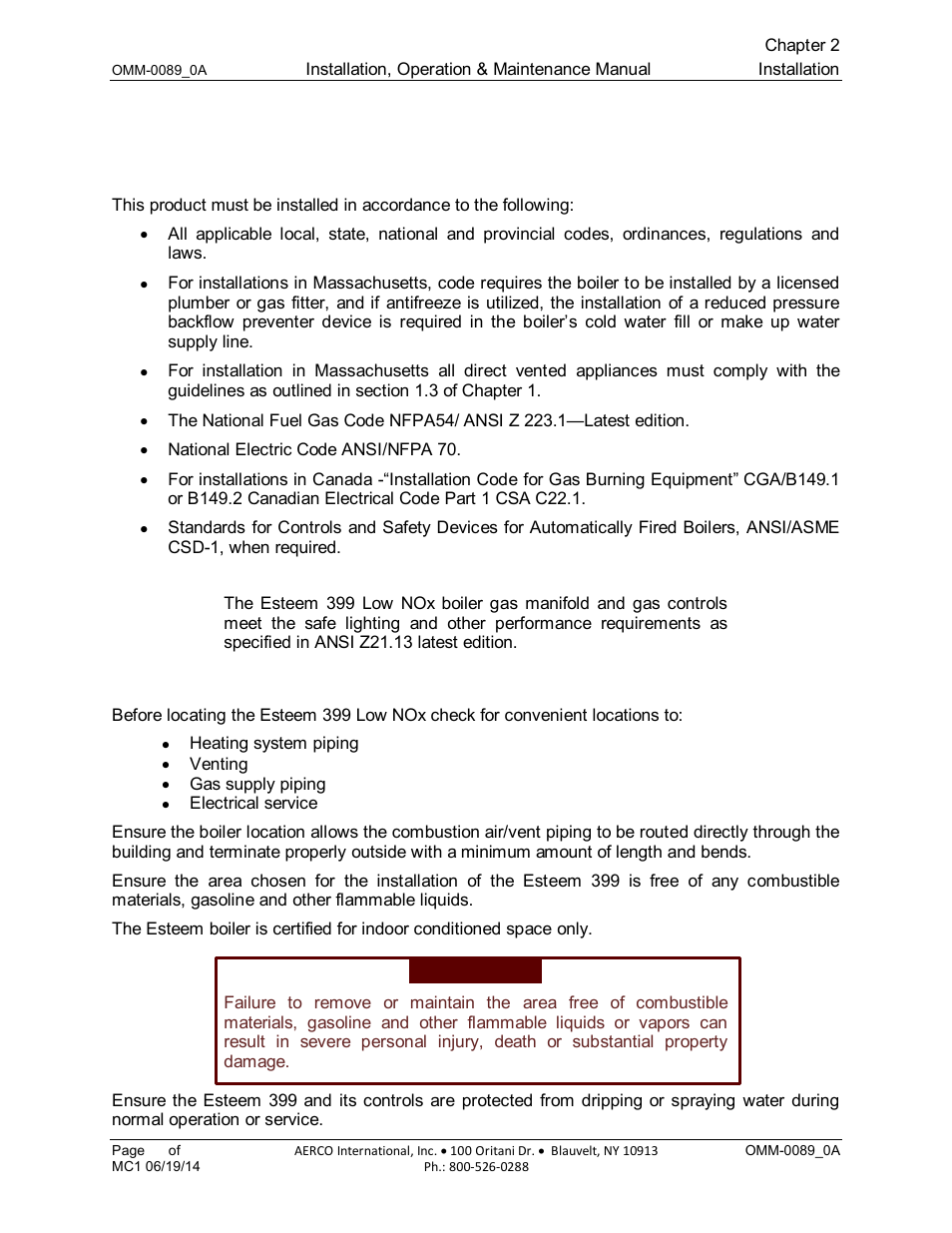 Chapter 2: installation, 1 code compliance, 2 determining product location | Chapter 2, Installation | AERCO Esteem Boiler with EZ-Set Controller User Manual | Page 15 / 188