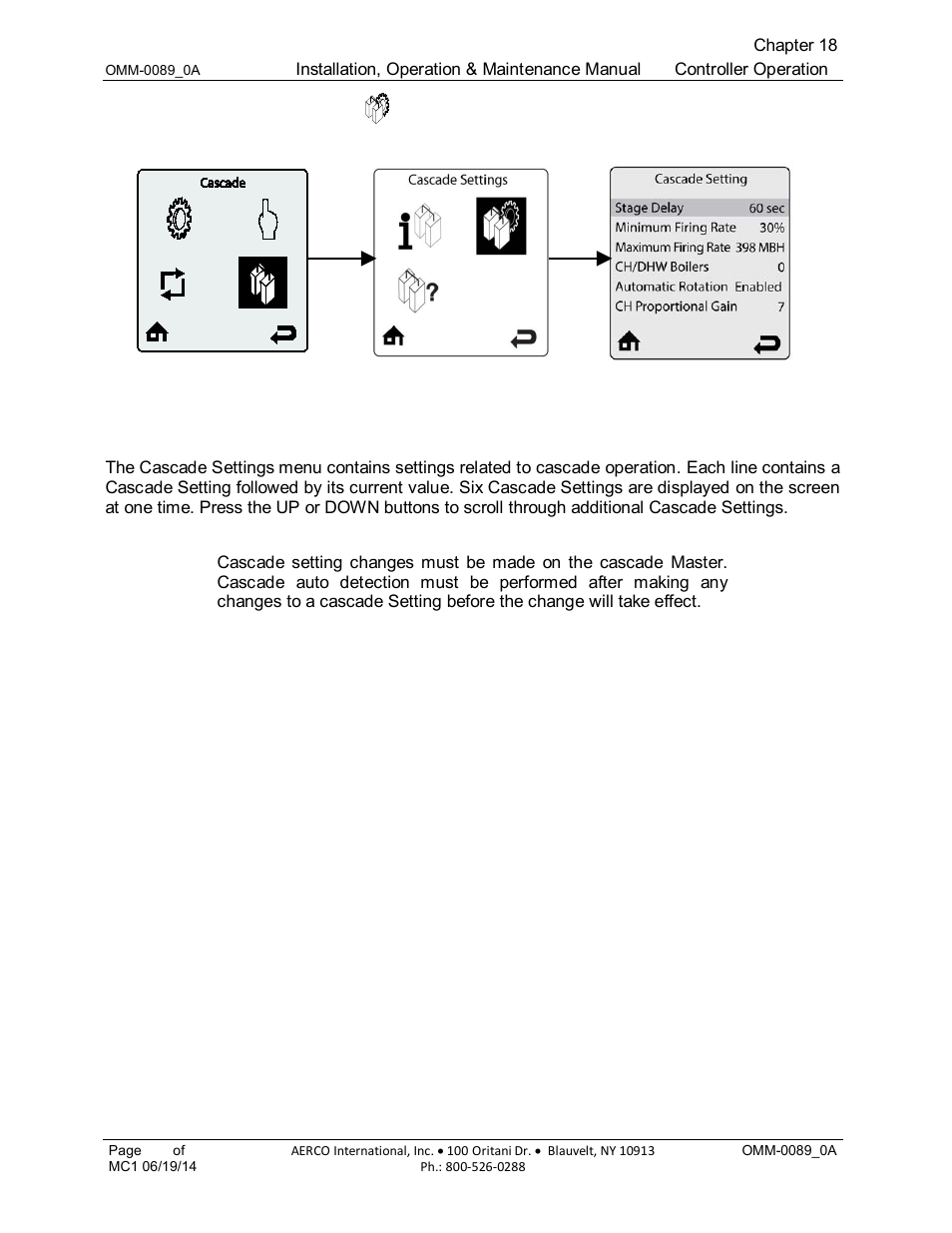 2 cascade settings menu, 2 cascade settings, Menu | AERCO Esteem Boiler with EZ-Set Controller User Manual | Page 159 / 188