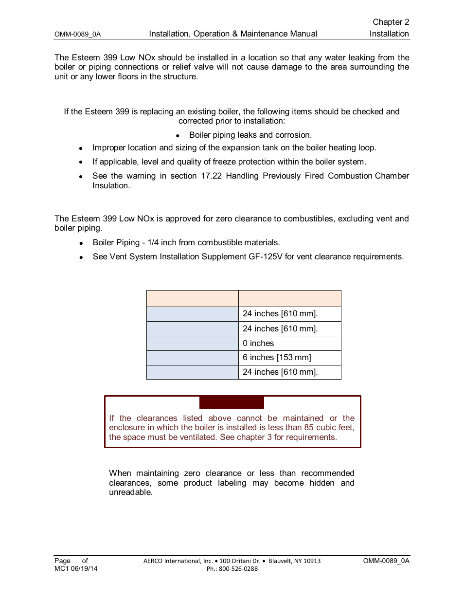 3 boiler replacement, 4 recommended clearances | AERCO Esteem Boiler with EZ-Set Controller User Manual | Page 16 / 188
