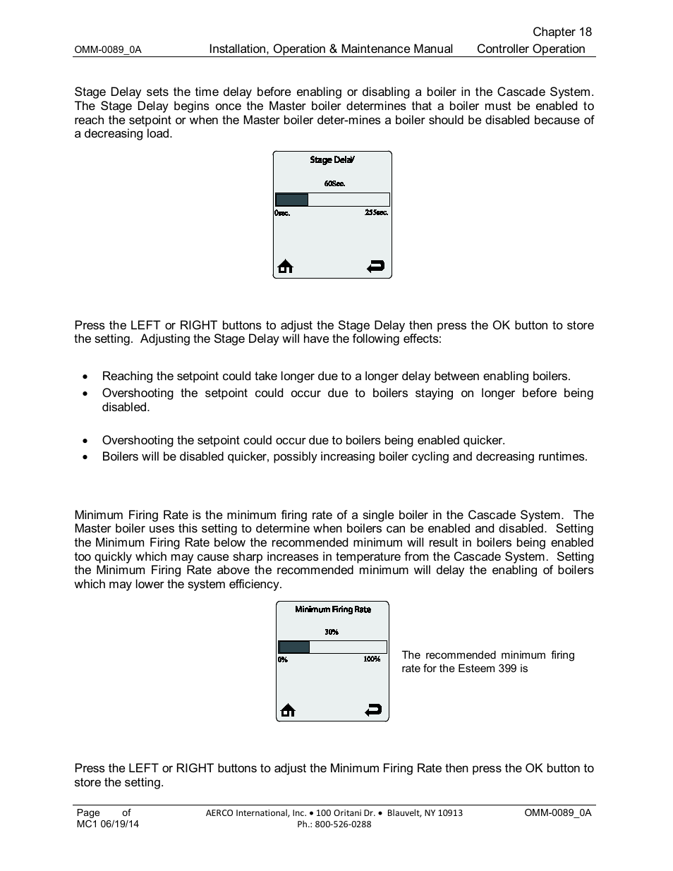 3 stage delay (default: 60 seconds), 4 minimum firing rate (default: 30%) | AERCO Esteem Boiler with EZ-Set Controller User Manual | Page 160 / 188