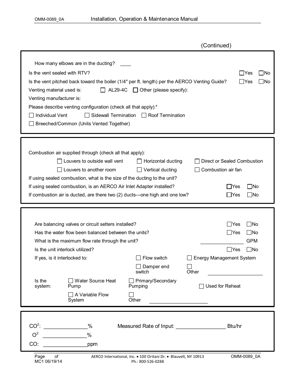 Startup record for esteem 399 boiler - (continued), Venting, Combustion air | Boiler installation, Combustion settings, Co: _______________ppm | AERCO Esteem Boiler with EZ-Set Controller User Manual | Page 188 / 188