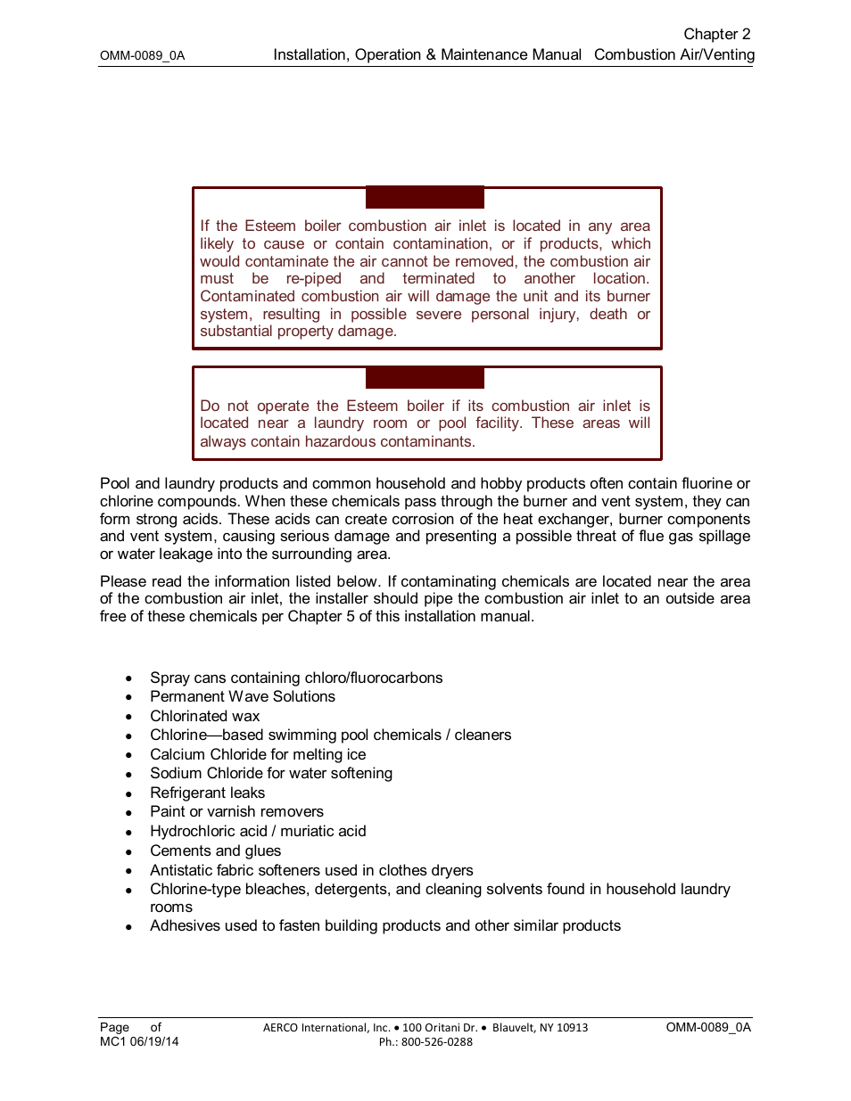 Chapter 3: combustion air and venting, 1 combustion air contamination, 2 potential contaminating products | Chapter 3, Combustion air and venting | AERCO Esteem Boiler with EZ-Set Controller User Manual | Page 19 / 188