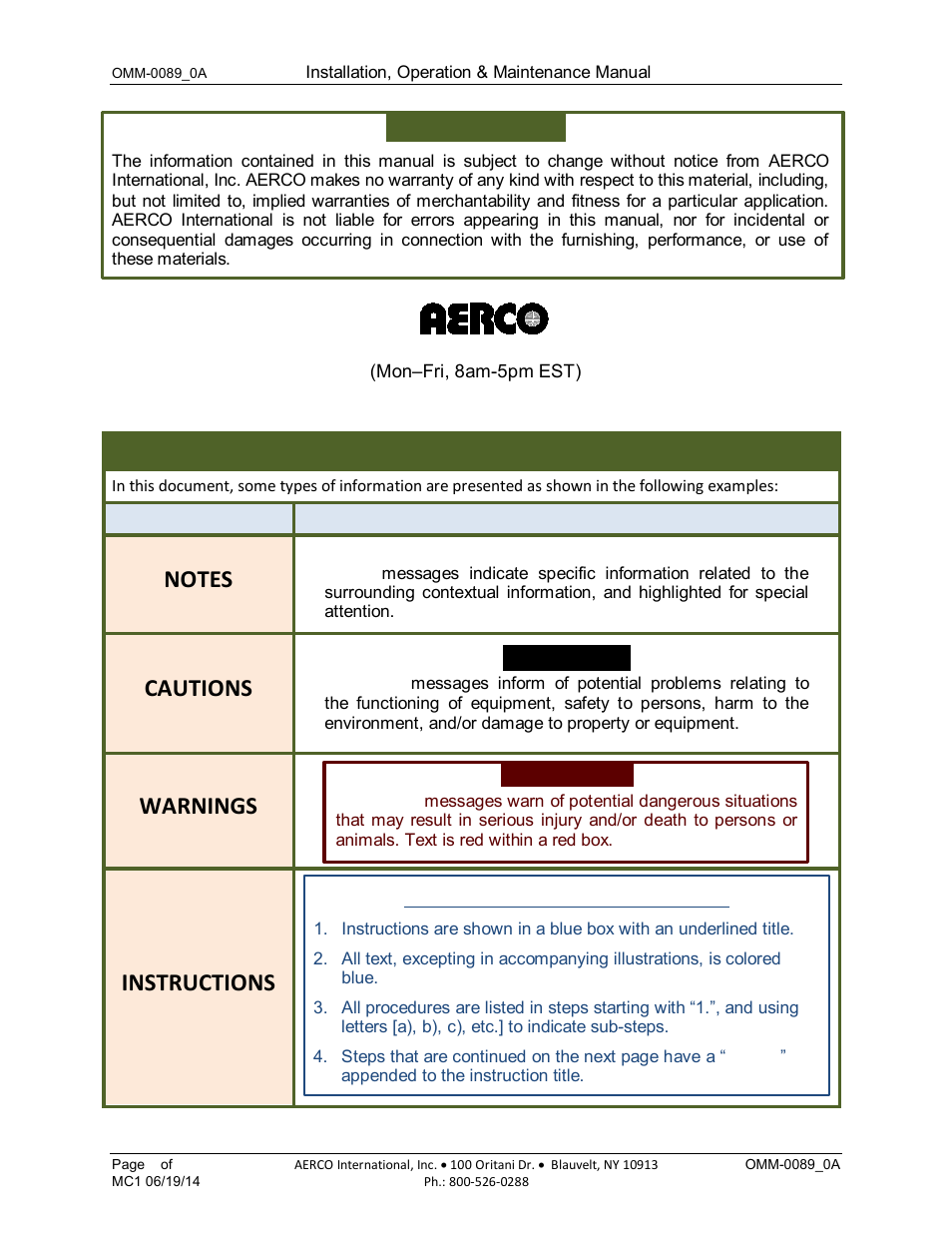 Cautions, Warnings, Instructions | AERCO Esteem Boiler with EZ-Set Controller User Manual | Page 2 / 188