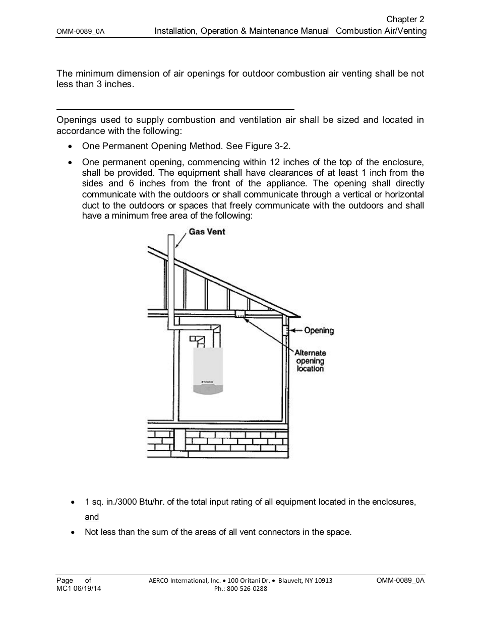 2 outdoor combustion air, 1 option 1: one permanent opening to outside | AERCO Esteem Boiler with EZ-Set Controller User Manual | Page 23 / 188
