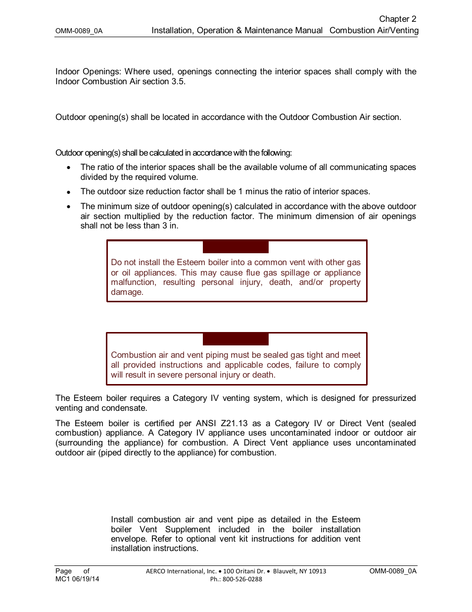 6 combination of indoor and outdoor combustion air, 1 outdoor opening(s) location, 2 outdoor opening(s) size | 7 combustion air and vent piping | AERCO Esteem Boiler with EZ-Set Controller User Manual | Page 25 / 188