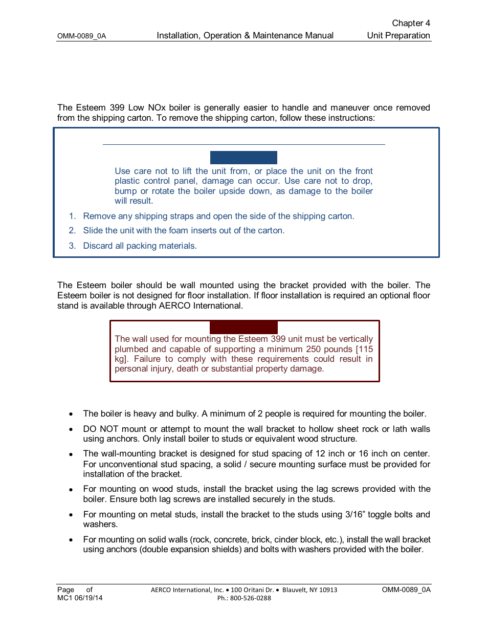 Chapter 4: unit preparation, 1 handling instructions, 2 wall mounting installation | 3 wall mounting guidelines, Chapter 4, Unit preparation | AERCO Esteem Boiler with EZ-Set Controller User Manual | Page 29 / 188