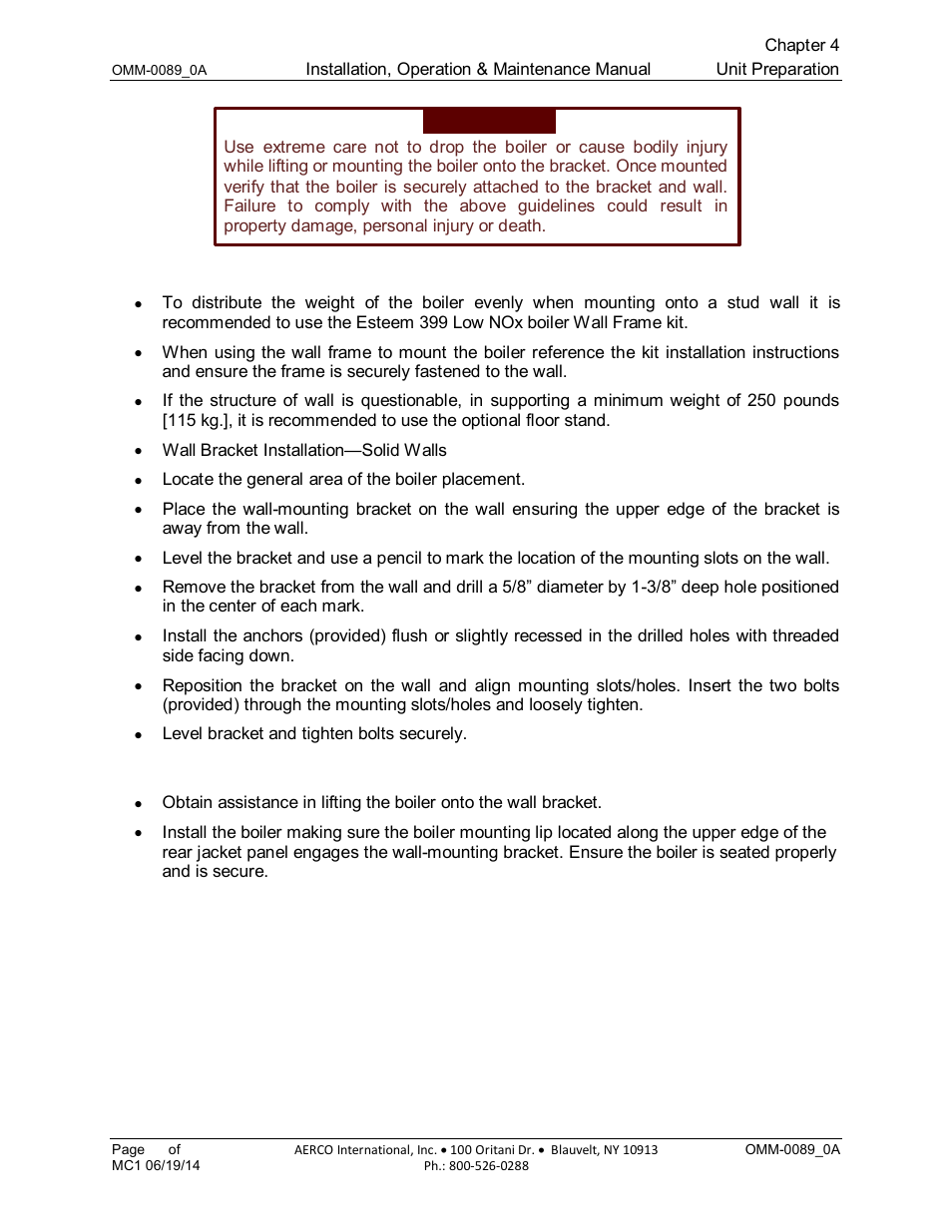 4 stud wall installation, 5 boiler mounting | AERCO Esteem Boiler with EZ-Set Controller User Manual | Page 30 / 188