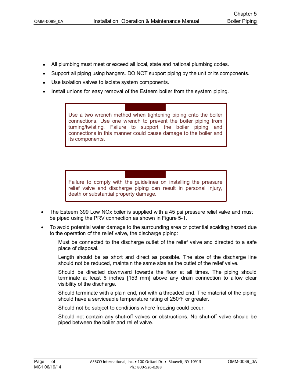 Chapter 5: boiler piping, 1 general piping requirements, 2 pressure relief valve | Chapter 5, Boiler piping | AERCO Esteem Boiler with EZ-Set Controller User Manual | Page 31 / 188
