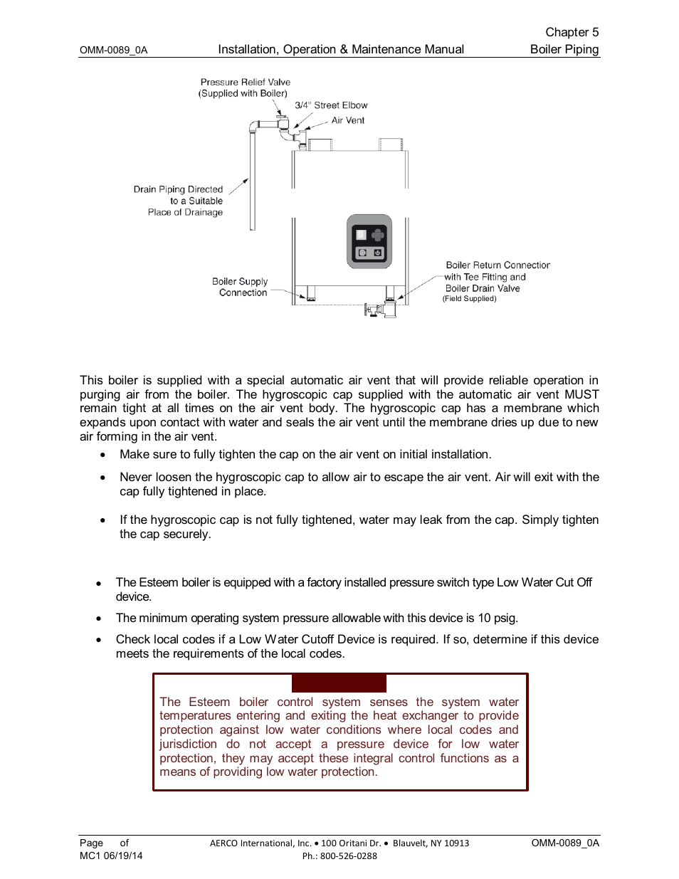 3 boiler air vent, 4 low water cutoff device | AERCO Esteem Boiler with EZ-Set Controller User Manual | Page 32 / 188