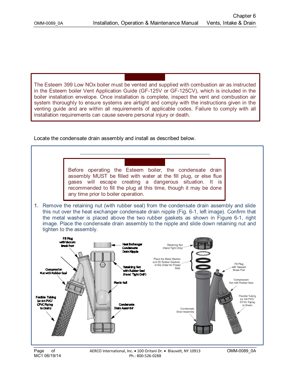 Chapter 6: installing vent, air intakes, and drain, 1 installing vent and combustion air intake, 2 installing condensate drain assembly | Chapter 6, Installing vent, air intakes, and drain | AERCO Esteem Boiler with EZ-Set Controller User Manual | Page 43 / 188
