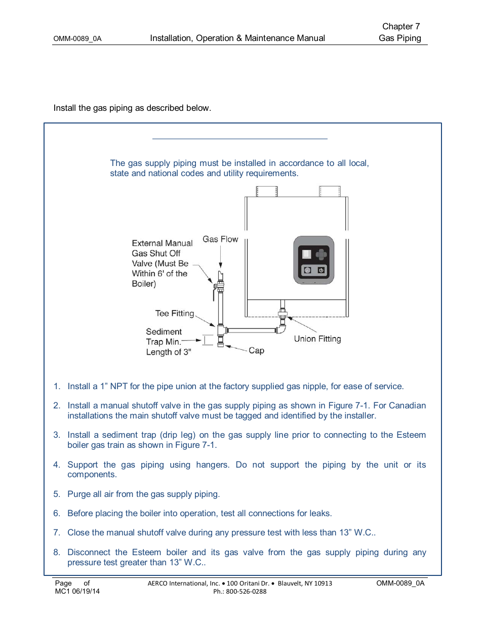 Chapter 7: gas piping, 1 gas supply piping connection, Chapter 7 | Gas piping | AERCO Esteem Boiler with EZ-Set Controller User Manual | Page 45 / 188