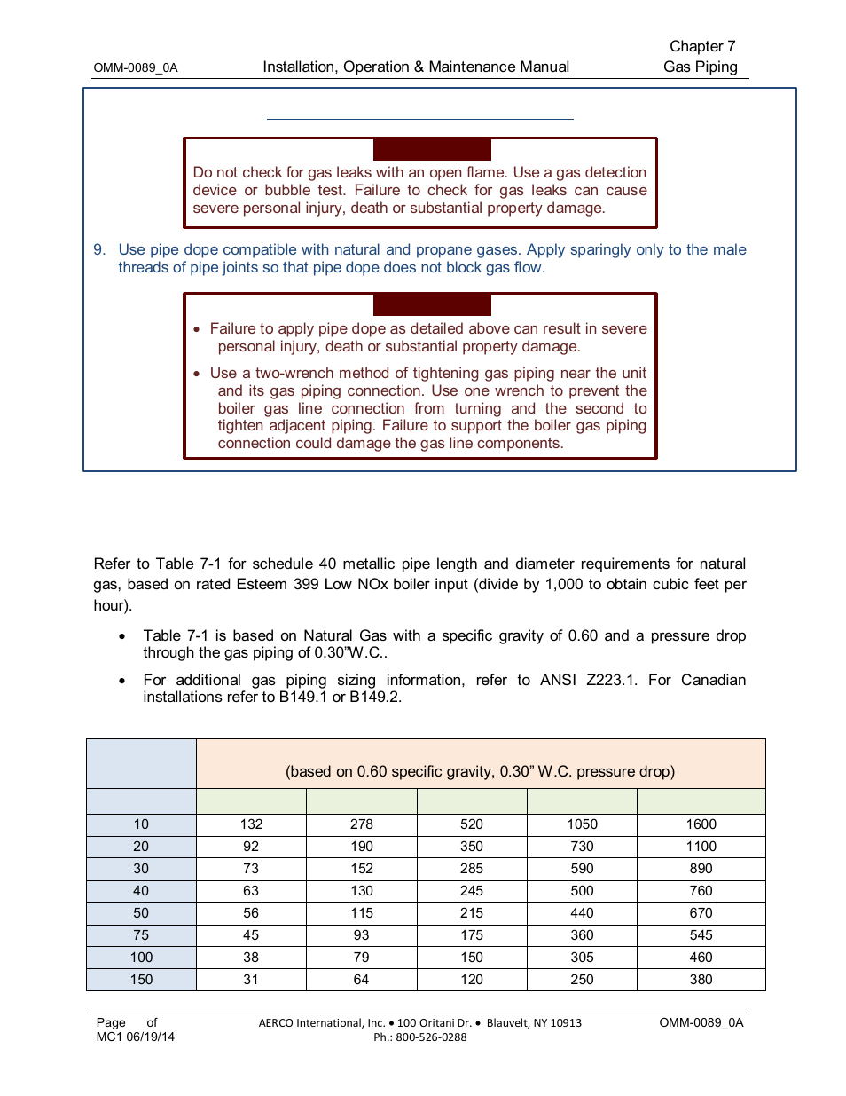 2 natural gas, 1 pipe sizing - natural gas, 2 natural gas 7.2.1 pipe sizing - natural gas | AERCO Esteem Boiler with EZ-Set Controller User Manual | Page 46 / 188