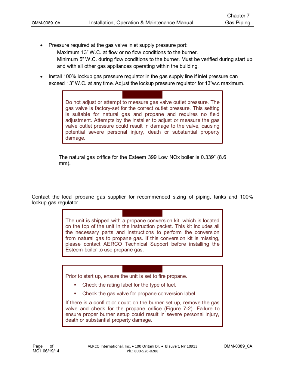 2 natural gas supply pressure requirements, 3 propane gas, 1 pipe sizing – propane gas | 3 propane gas 7.3.1 pipe sizing – propane gas | AERCO Esteem Boiler with EZ-Set Controller User Manual | Page 47 / 188