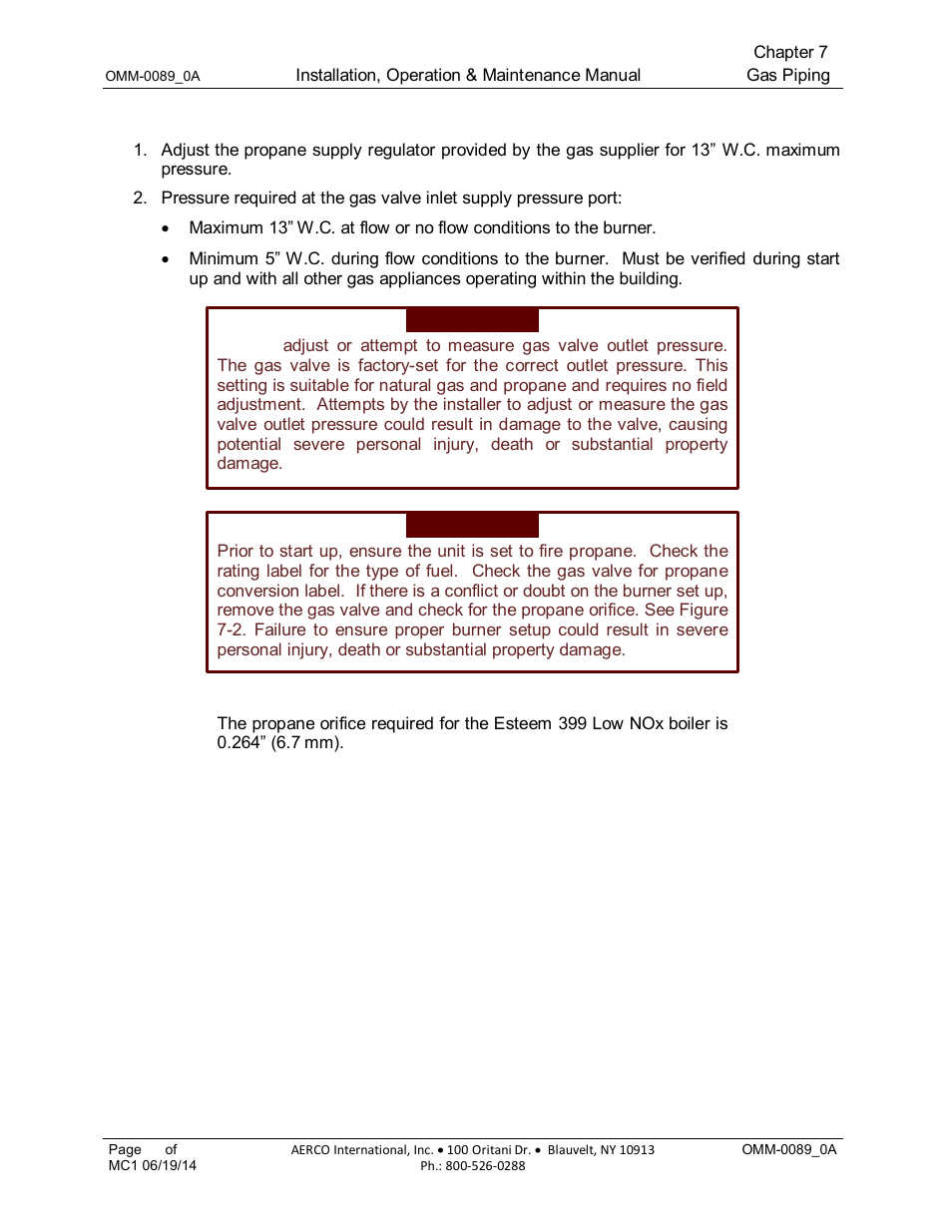 2 propane gas supply pressure requirements | AERCO Esteem Boiler with EZ-Set Controller User Manual | Page 48 / 188