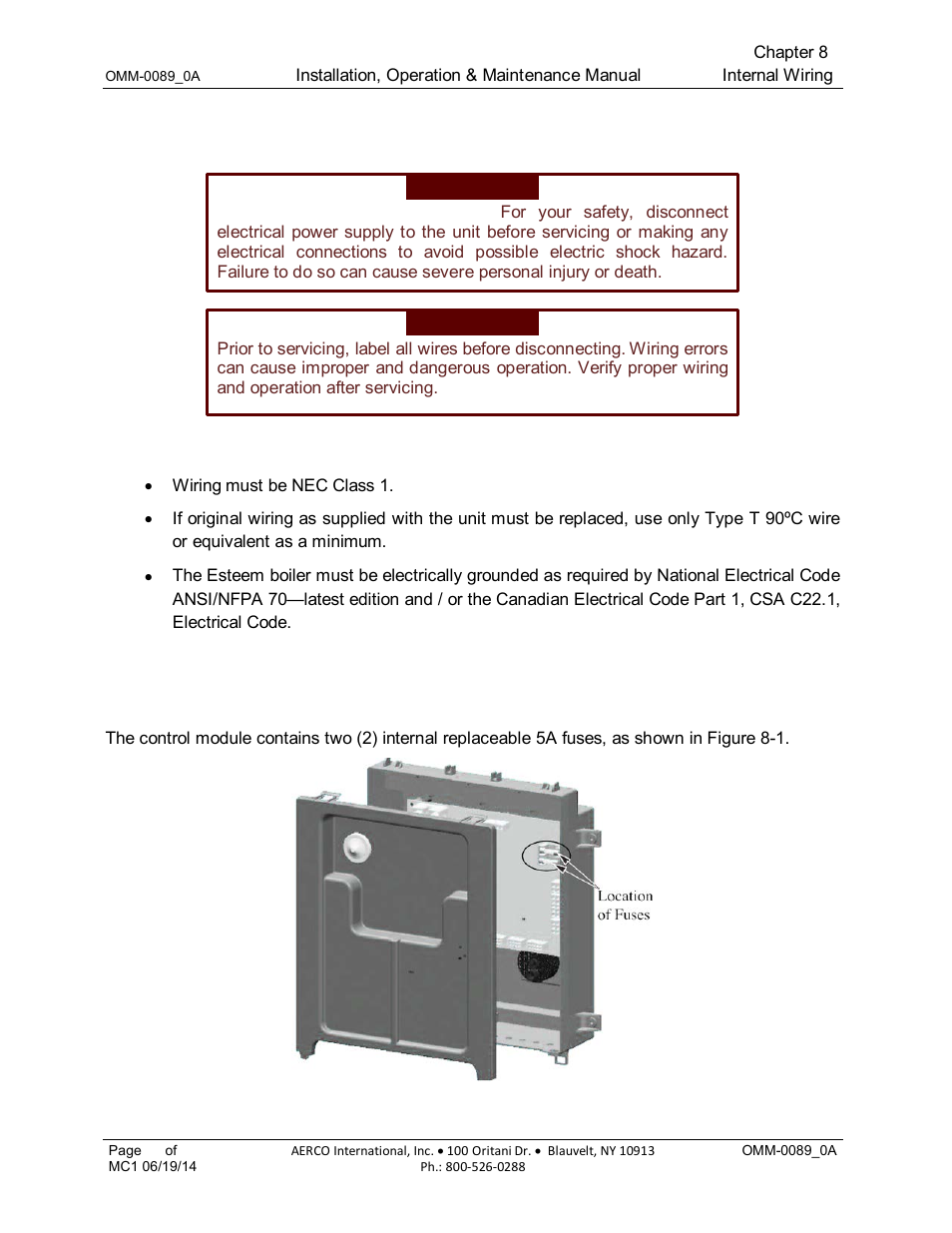 Chapter 8: internal wiring, 1 general requirements, 2 fuse locations | 1 ez-setup controller module fuses location, Chapter 8, Internal wiring | AERCO Esteem Boiler with EZ-Set Controller User Manual | Page 51 / 188