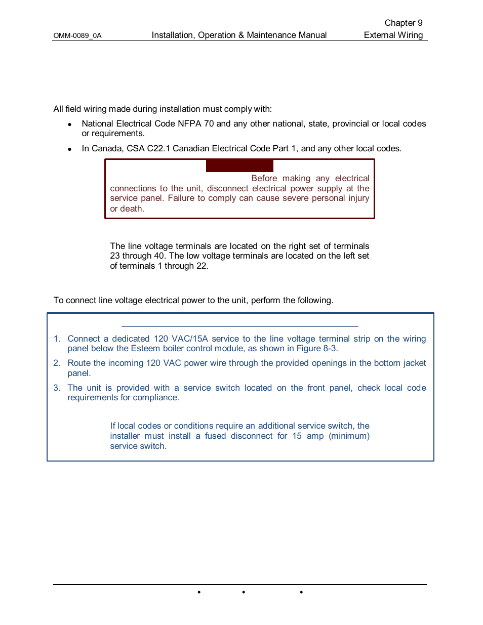 Chapter 9: external wiring, 1 installation compliance, 2 line voltage connections | Chapter 9, External wiring | AERCO Esteem Boiler with EZ-Set Controller User Manual | Page 55 / 188