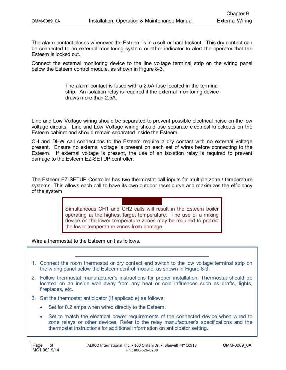 4 alarm wiring, 5 low voltage connections, 6 thermostat wiring | AERCO Esteem Boiler with EZ-Set Controller User Manual | Page 57 / 188