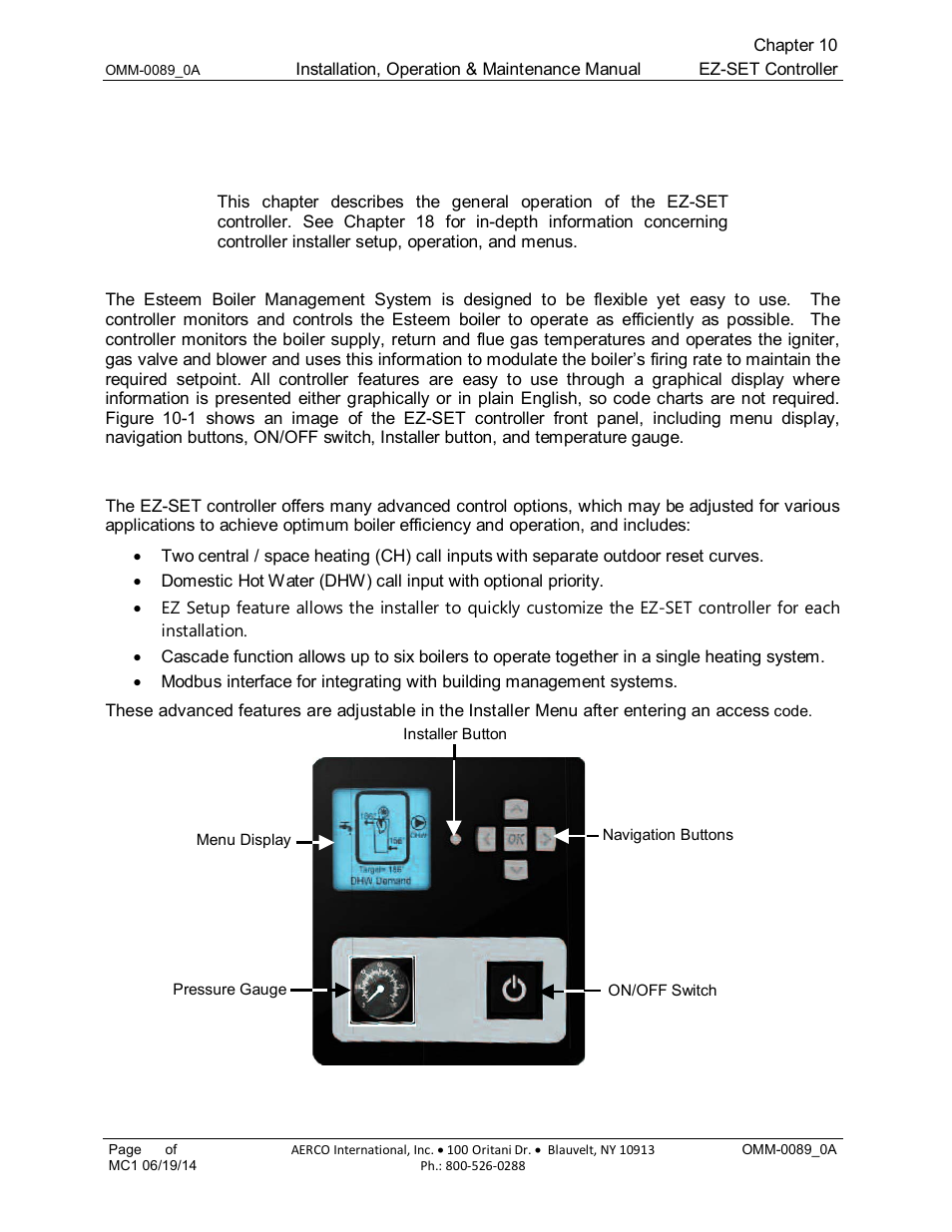 Chapter 10: basic ez-set controller operation, 1 ez-set controller introduction, 2 ez-set controller features and functions | Chapter 10, Basic ez-set controller operation | AERCO Esteem Boiler with EZ-Set Controller User Manual | Page 65 / 188
