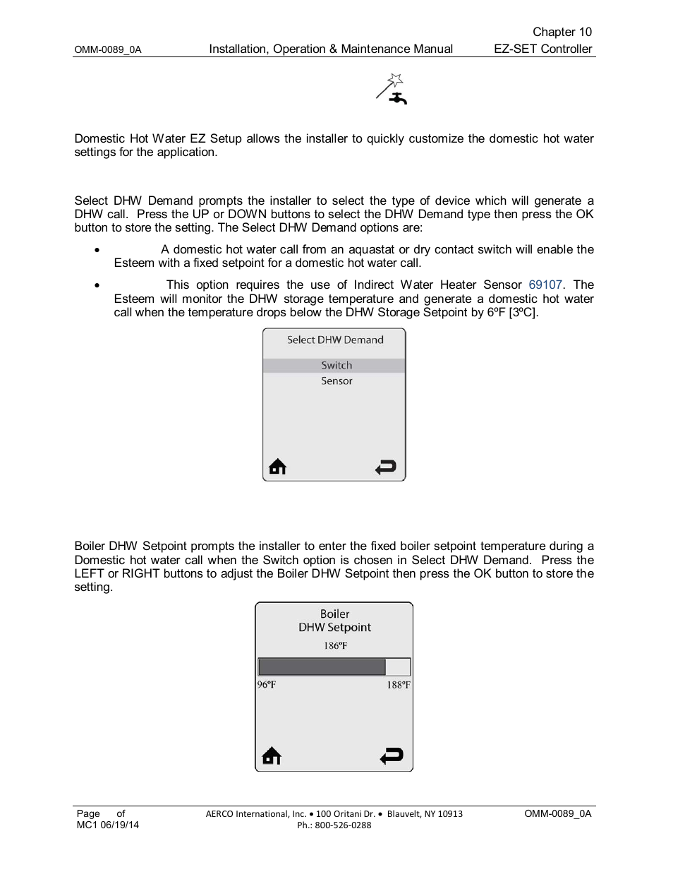 8 domestic hot water ez setup, 1 select dhw demand (default: switch), 2 boiler dhw setpoint (default: 186 f [86 c]) | 2 boiler dhw setpoint (default: 186°f [86°c]) | AERCO Esteem Boiler with EZ-Set Controller User Manual | Page 74 / 188