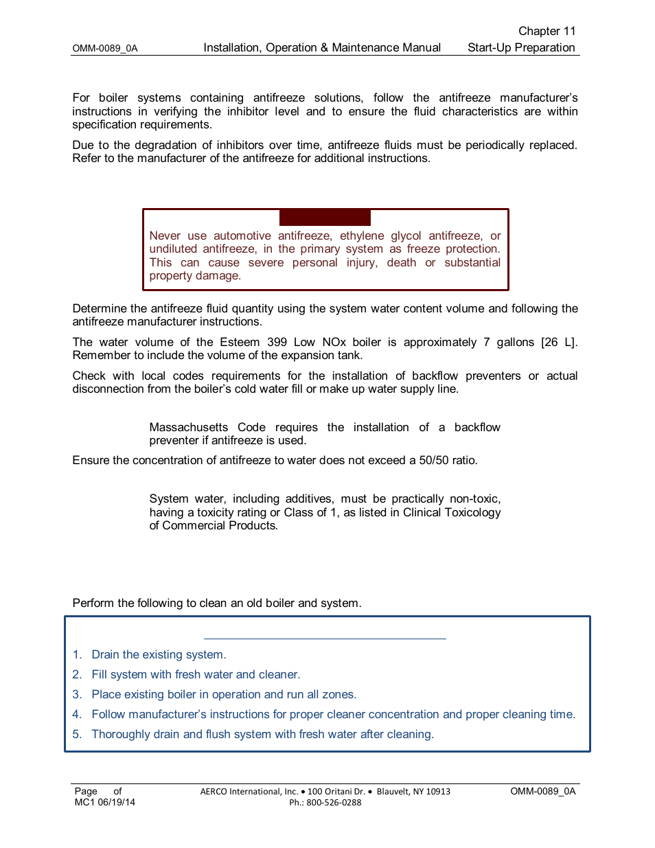 5 check and test antifreeze, 6 use of antifreeze in the boiler system, 2 boiler cleaning | 1 cleaning an old boiler and system | AERCO Esteem Boiler with EZ-Set Controller User Manual | Page 86 / 188