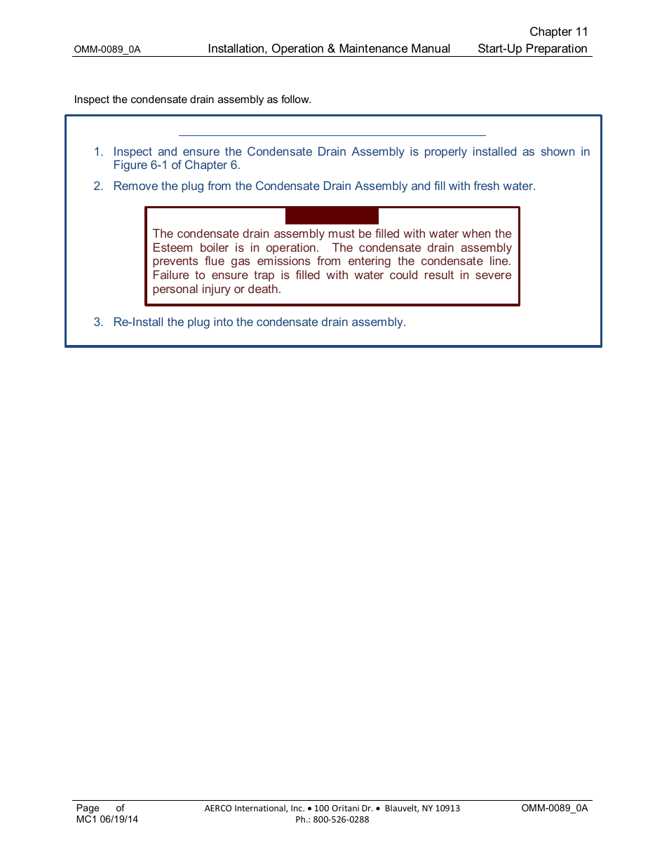 6 inspection of condensate drain assembly | AERCO Esteem Boiler with EZ-Set Controller User Manual | Page 89 / 188