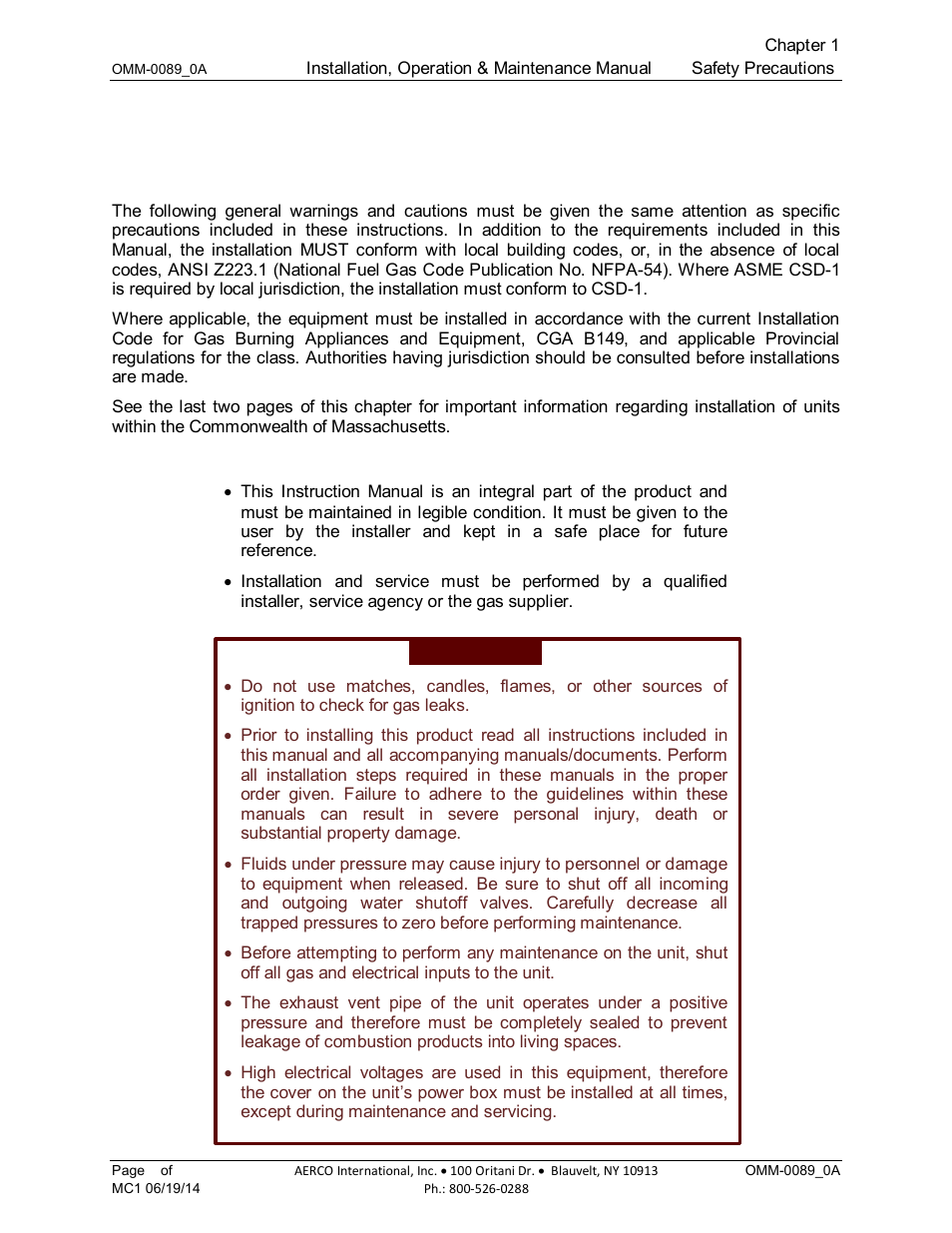 Chapter 1: safety precautions, 1 warnings & cautions, Chapter 1 | Safety precautions | AERCO Esteem Boiler with EZ-Set Controller User Manual | Page 9 / 188