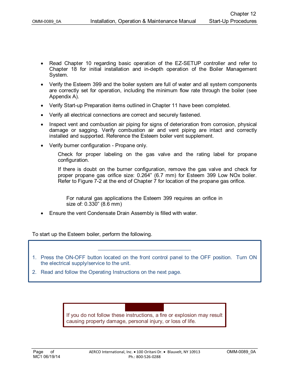 Chapter 12: start-up procedures, 1 final checks before start-up, 2 esteem start-up | Chapter 12, Start-up procedures | AERCO Esteem Boiler with EZ-Set Controller User Manual | Page 91 / 188