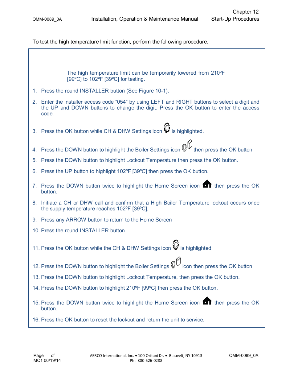 6 high temperature limit testing | AERCO Esteem Boiler with EZ-Set Controller User Manual | Page 97 / 188