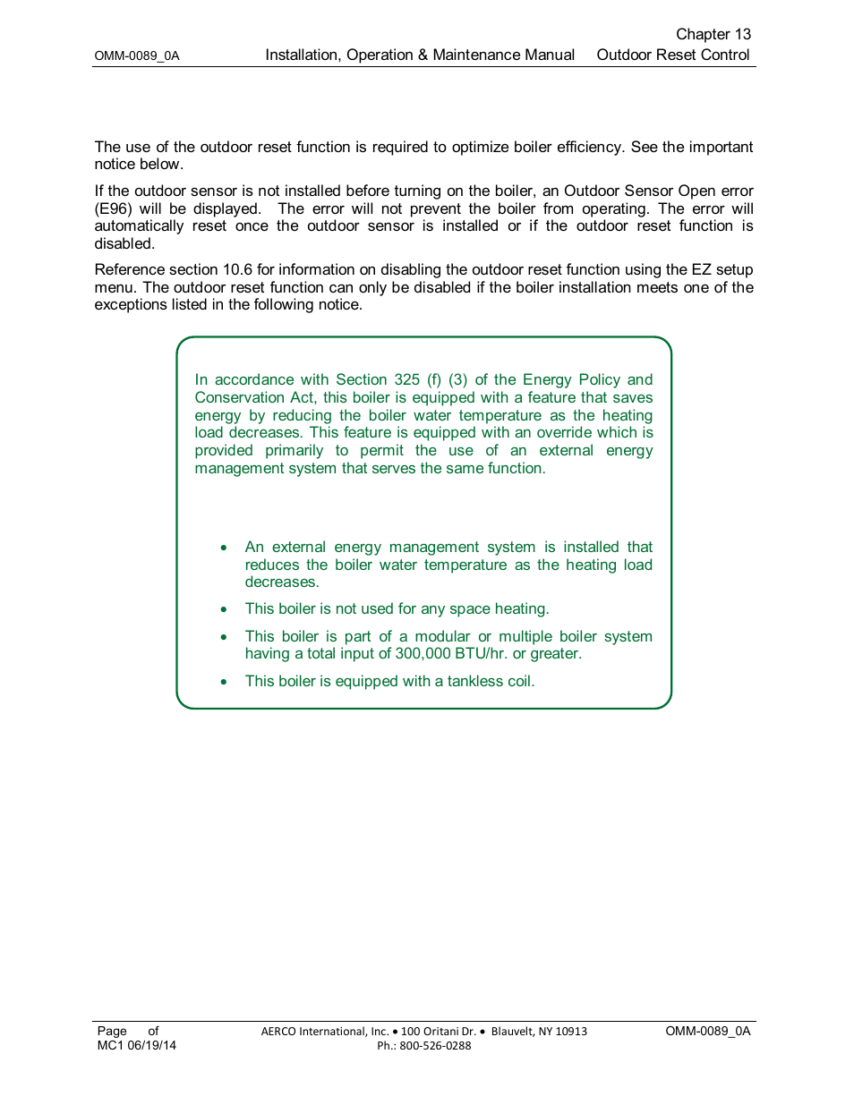 Chapter 13: outdoor reset control, Chapter 13, Outdoor reset control | AERCO Esteem Boiler with EZ-Set Controller User Manual | Page 99 / 188