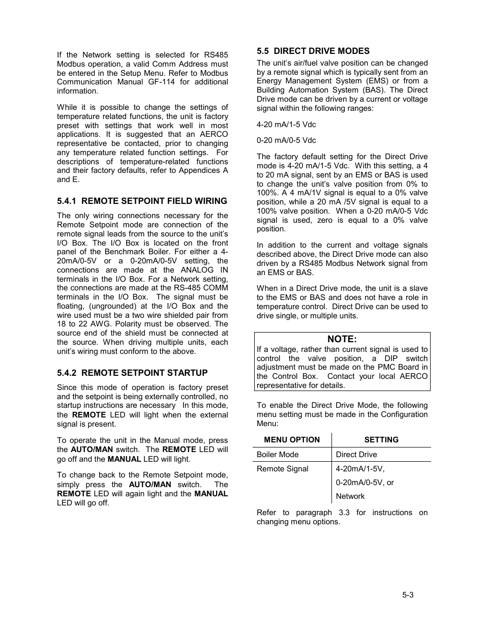 1 remote setpoint field wiring, 2 remote setpoint startup, 5 direct drive modes | Mode of operation | AERCO KC1000 Boiler equipped with C-More version 3.04 User Manual | Page 41 / 108