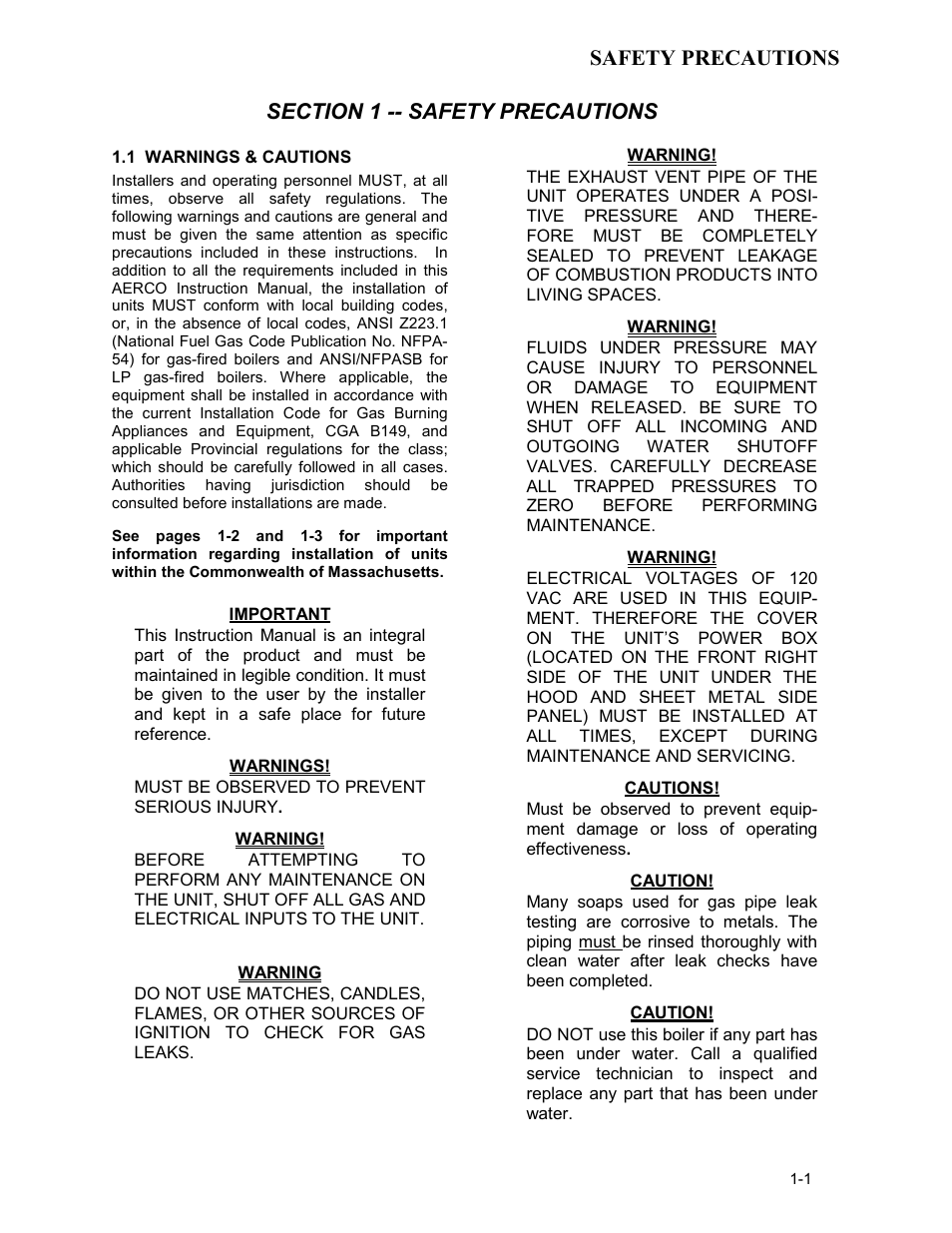 Section 1 - safety precautions, Safety precautions | AERCO KC1000 Boiler equipped with C-More version 3.04 User Manual | Page 7 / 108