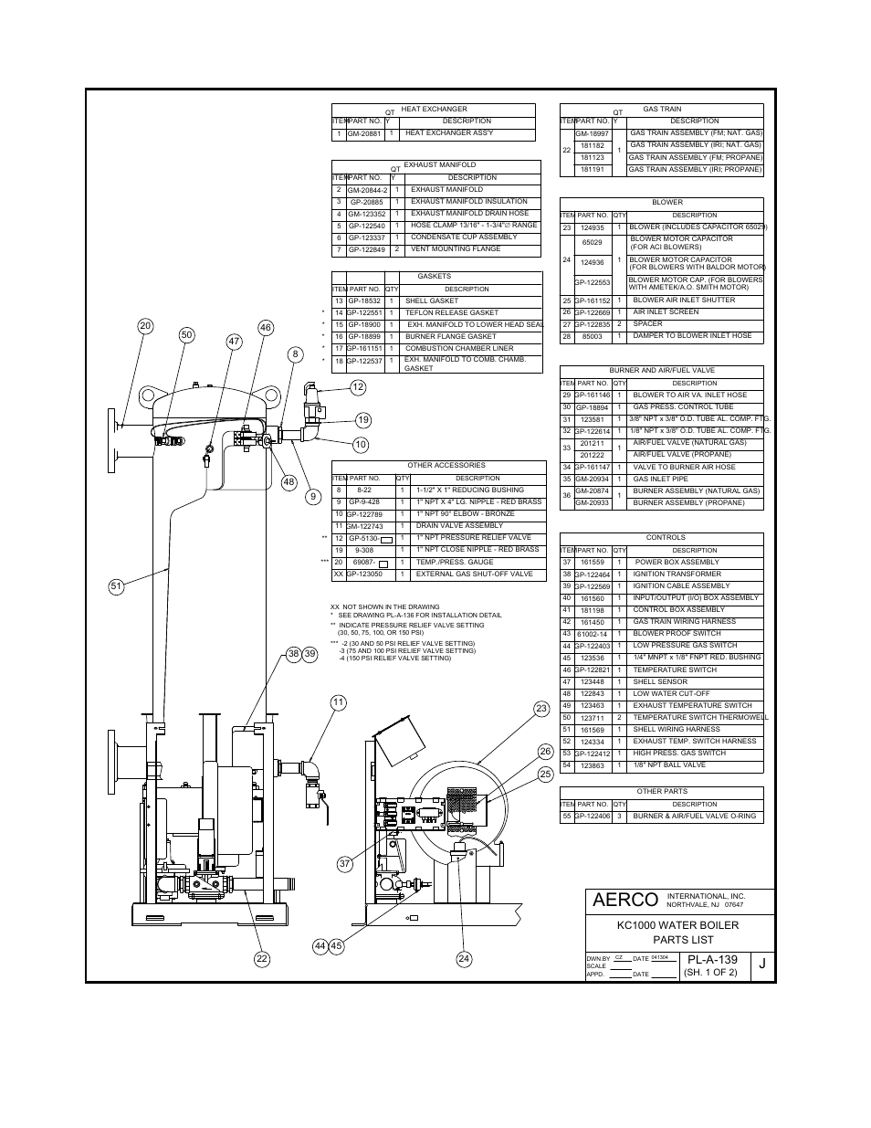Appendix f, Aerco, Pl-a-139 | Parts list kc1000 water boiler | AERCO KC1000 Boiler equipped with C-More version 3.04 User Manual | Page 92 / 108