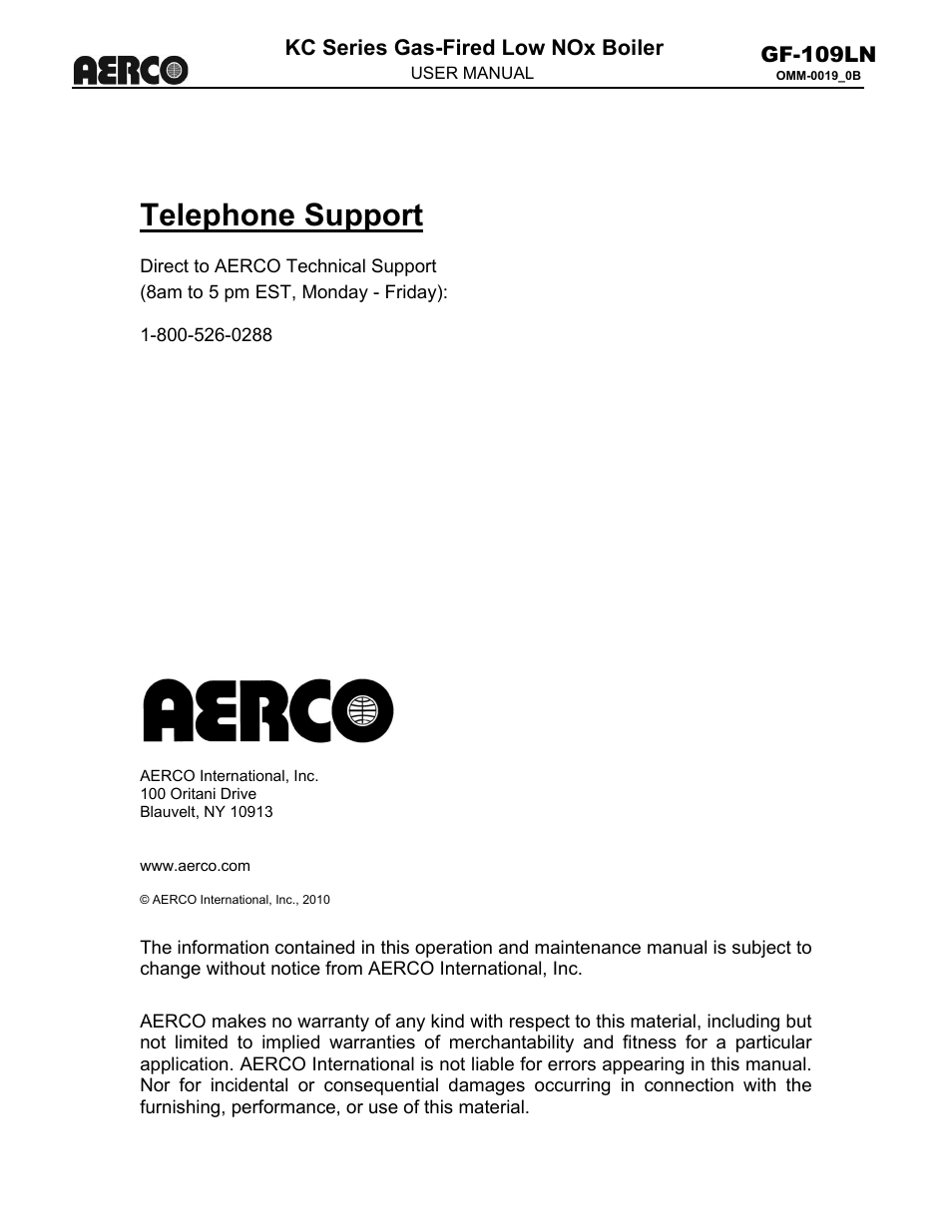 Direct to aerco technical support, Telephone support, Gf-109ln | Kc series gas-fired low nox boiler | AERCO KC1000 Low NOx Boiler July 2011 User Manual | Page 2 / 115