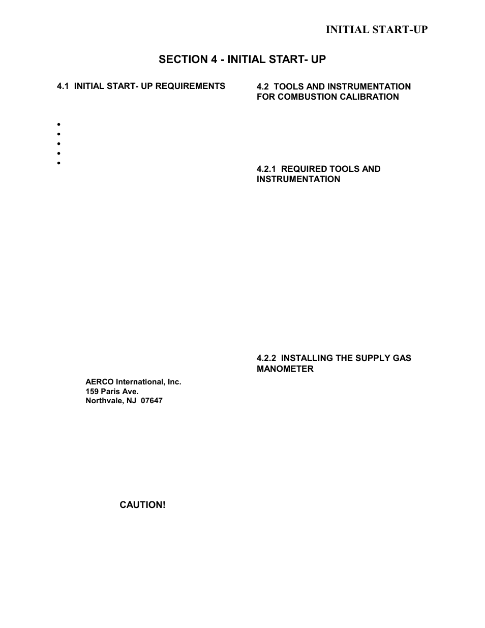 Section 4 - initial start-up, 1 initial start- up requirements, Initial start-up | AERCO KC1000 Low NOx Boiler equipped with C-More version 3.04 User Manual | Page 33 / 113