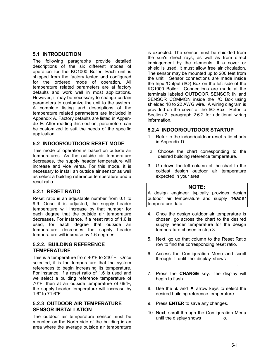 Section 5 - mode of operation, 1 introduction, 2 indoor/outdoor reset mode | 1 reset ratio, Building reference temperature, 3 outdoor air temperature sensor installation, 4 indoor/outdoor startup, Mode of operation | AERCO KC1000 Low NOx Boiler equipped with C-More version 3.04 User Manual | Page 43 / 113
