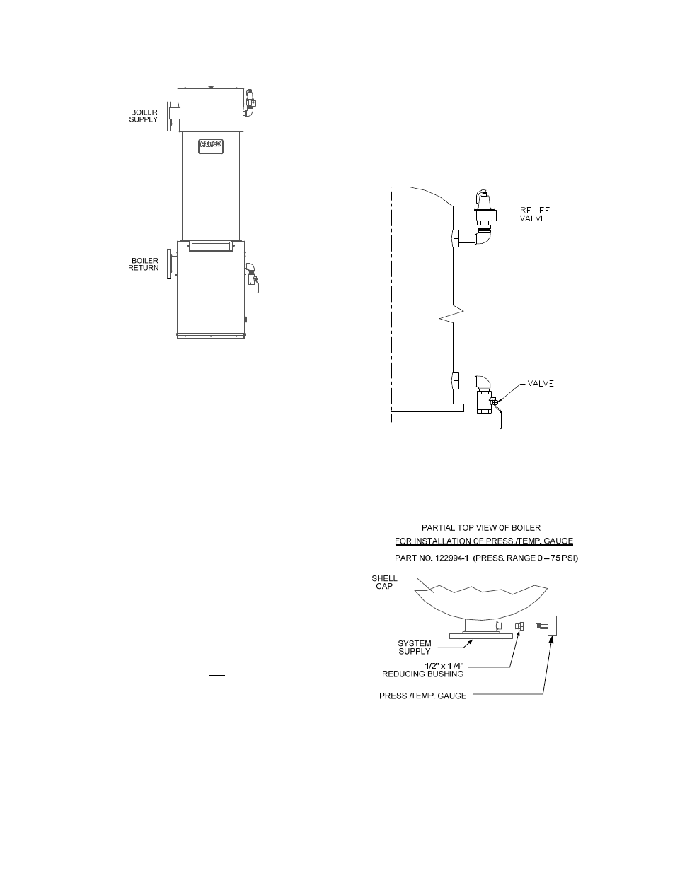 3 pressure relief & drain valve installation, 4 temperature/pressure indicator, Installation | AERCO KC1000 Low NOx Boiler equipped with C-More 2003 User Manual | Page 11 / 101