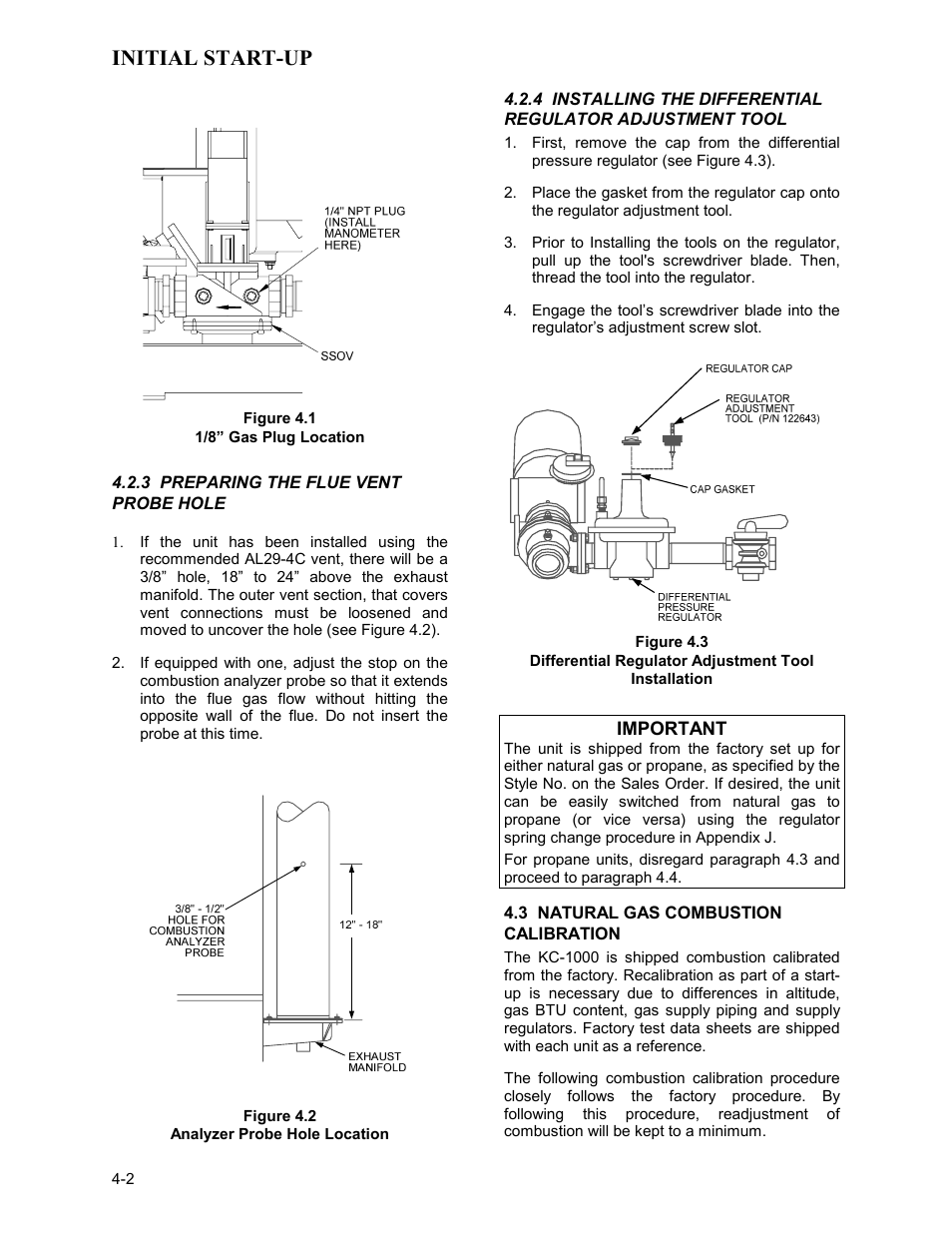 3 preparing the flue vent probe hole, 3 natural gas combustion calibration, Initial start-up | AERCO KC1000 Low NOx Boiler equipped with C-More 2003 User Manual | Page 32 / 101