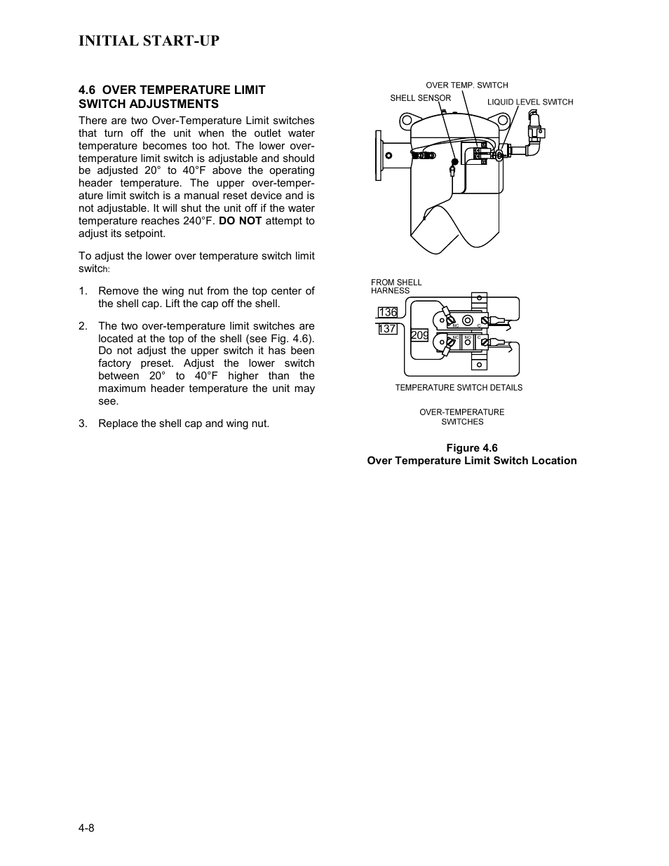 6 over temperature limit switch adjustments, Initial start-up | AERCO KC1000 Low NOx Boiler equipped with C-More 2003 User Manual | Page 38 / 101