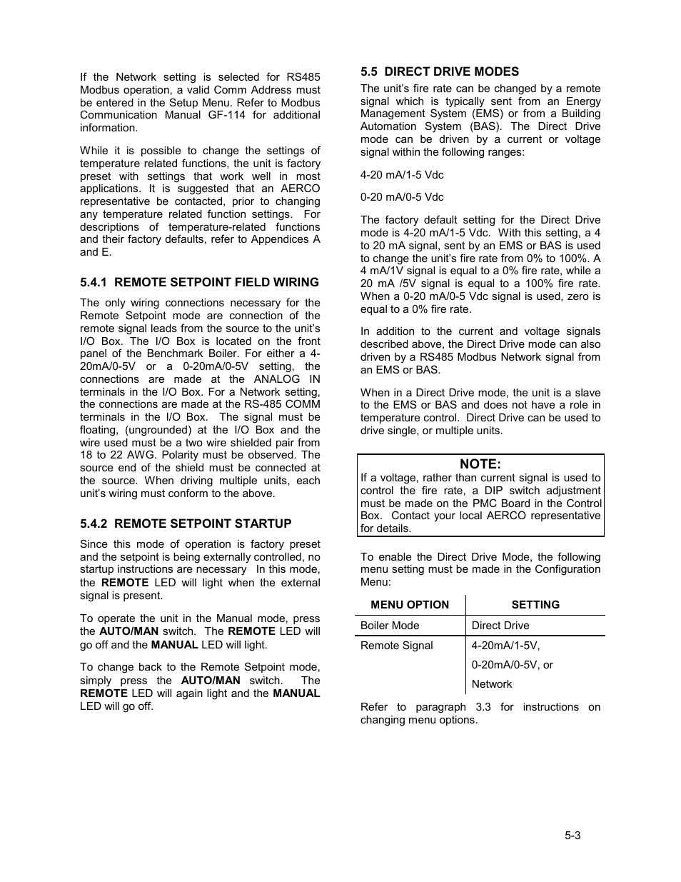 1 remote setpoint field wiring, 2 remote setpoint startup, 5 direct drive modes | Mode of operation | AERCO KC1000 Low NOx Boiler equipped with C-More 2003 User Manual | Page 41 / 101