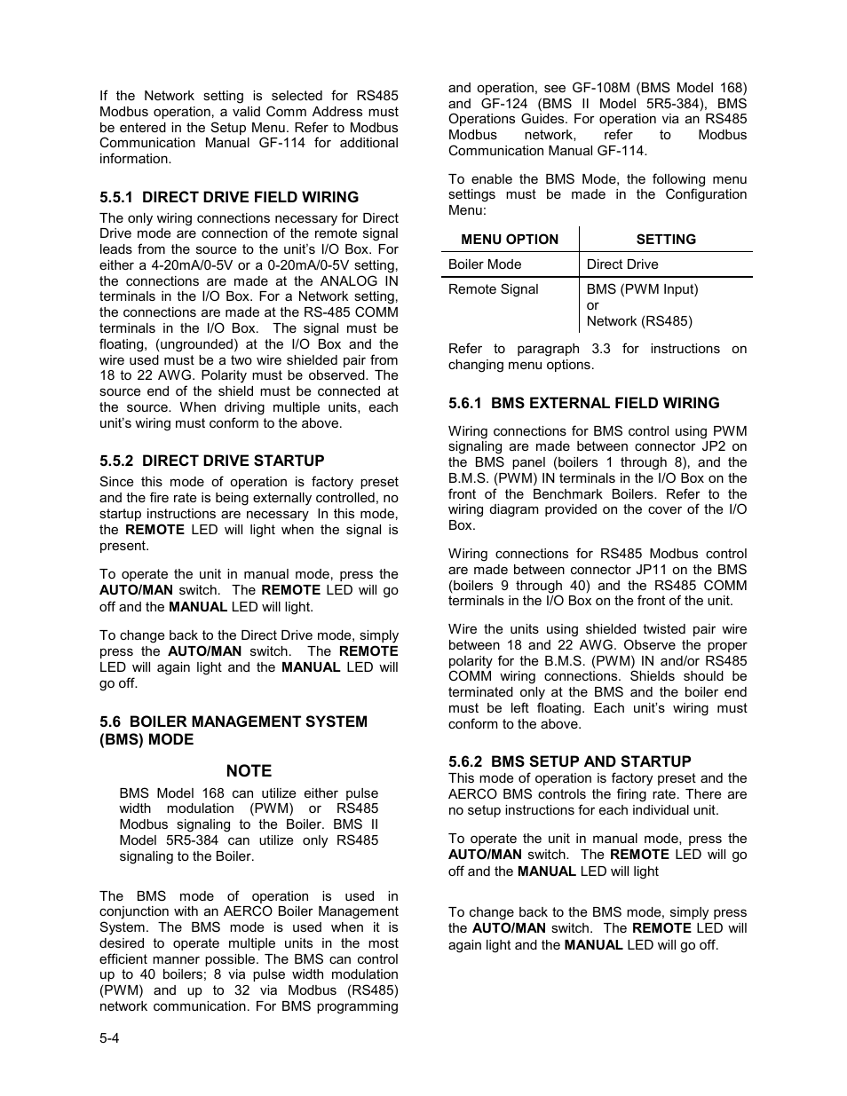 1 direct drive field wiring, 2 direct drive startup, 6 boiler management system (bms) | 1 boiler management system external field wiring, 2 bms setup and startup, Mode of operation | AERCO KC1000 Low NOx Boiler equipped with C-More 2003 User Manual | Page 42 / 101