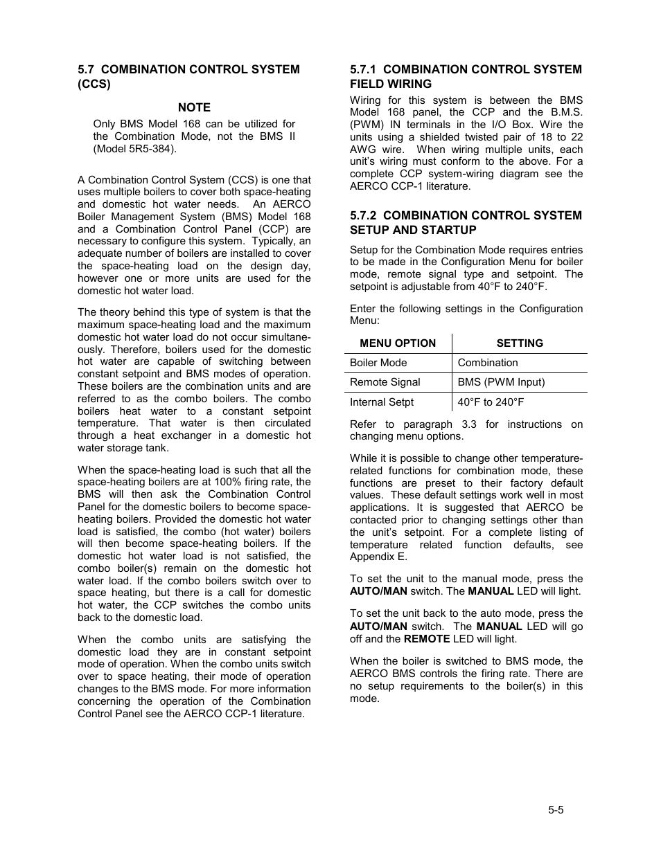 7 combination control system (ccs), 1 combination control system field wiring, 2 combination control system setup and startup | Mode of operation | AERCO KC1000 Low NOx Boiler equipped with C-More 2003 User Manual | Page 43 / 101