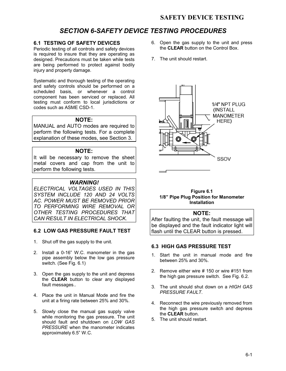 Section 6 - safety device testing, 1 testing of safety devices, 2 low gas pressure fault test | 3 high gas pressure test, Safety device testing | AERCO KC1000 Low NOx Boiler equipped with C-More 2003 User Manual | Page 45 / 101