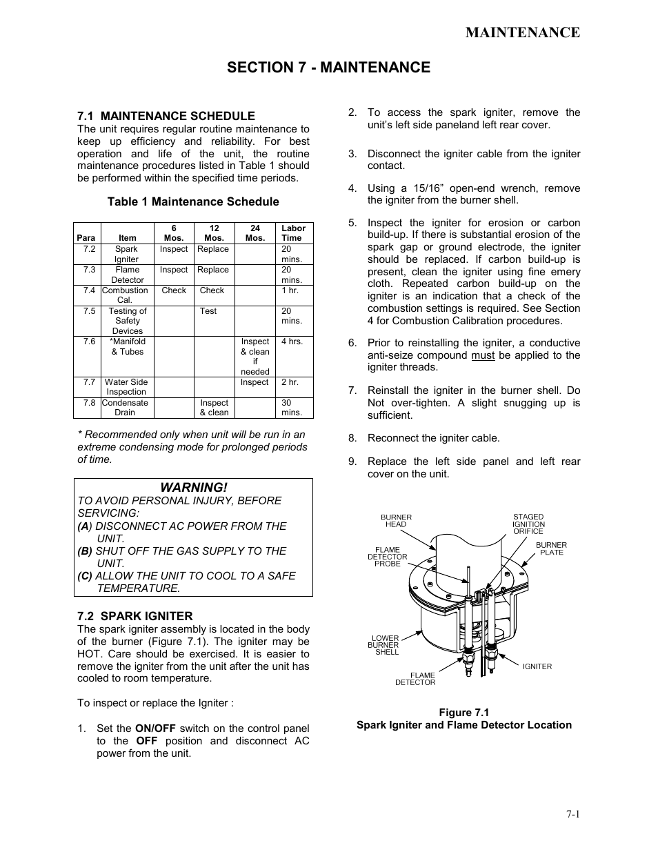 Section 7 - maintenance, 1 maintenance schedule, 2 spark igniter | Maintenance, Warning, Table 1 maintenance schedule | AERCO KC1000 Low NOx Boiler equipped with C-More 2003 User Manual | Page 51 / 101