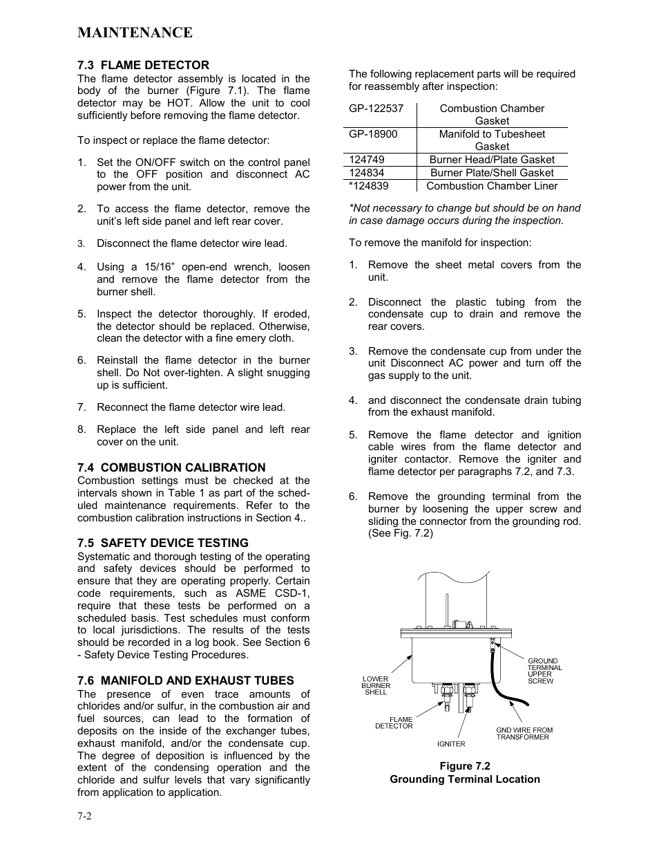 3 flame detector, 4 combustion calibration, 5 safety device testing | 6 manifold and exhaust tubes, Maintenance | AERCO KC1000 Low NOx Boiler equipped with C-More 2003 User Manual | Page 52 / 101