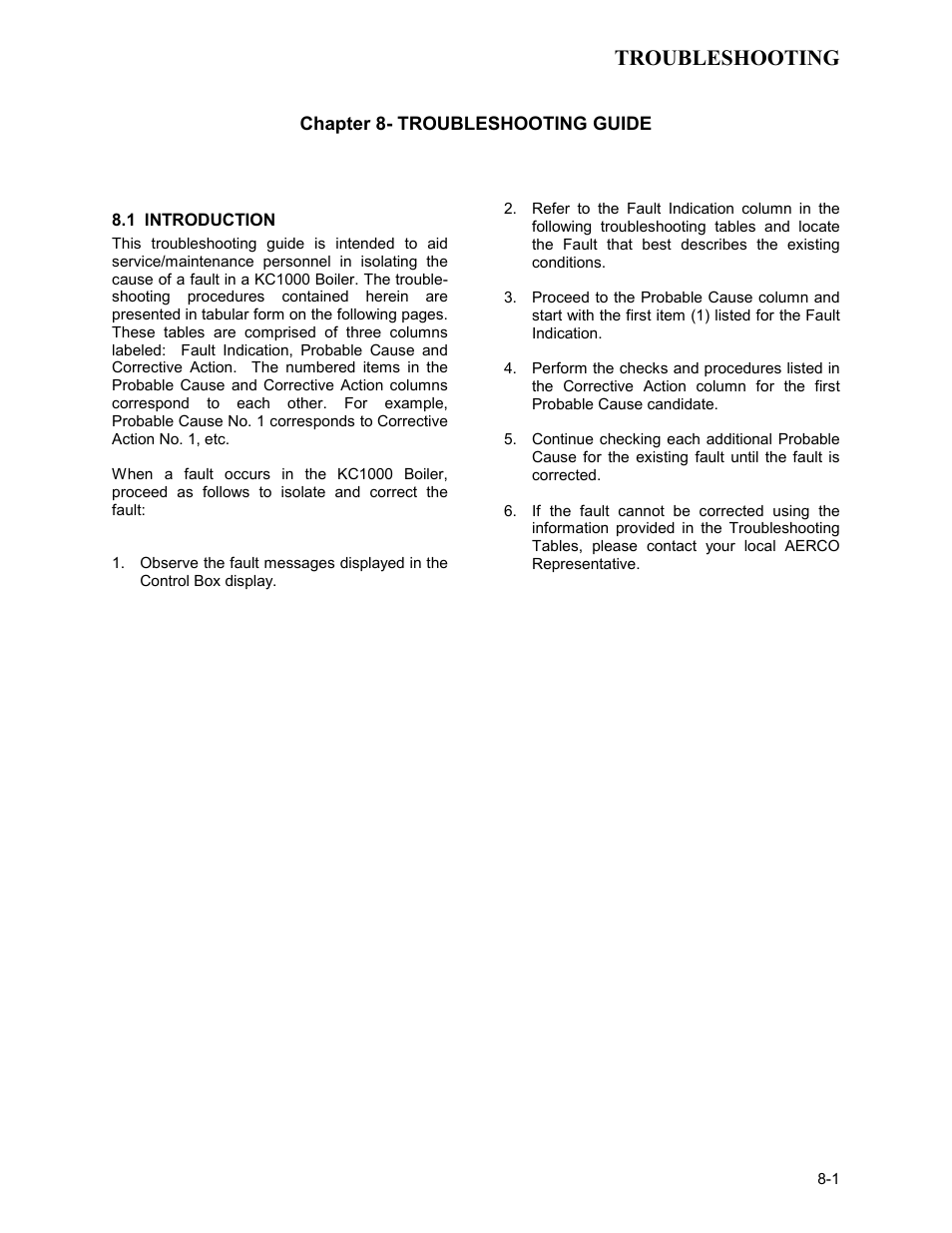 Section 8 - troubleshooting guide, 1 introduction, Troubleshooting | AERCO KC1000 Low NOx Boiler equipped with C-More 2003 User Manual | Page 57 / 101