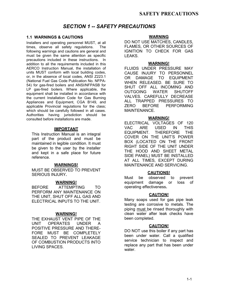 Section 1 - safety precautions, Safety precautions | AERCO KC1000 Low NOx Boiler equipped with C-More 2003 User Manual | Page 7 / 101