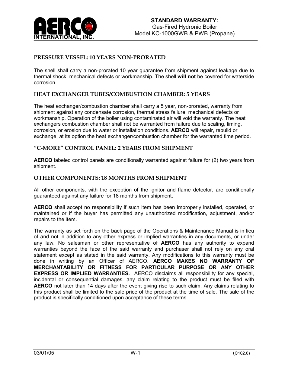 Warranties | AERCO KC1000 Low NOx Boiler equipped with C-More 2003 User Manual | Page 99 / 101