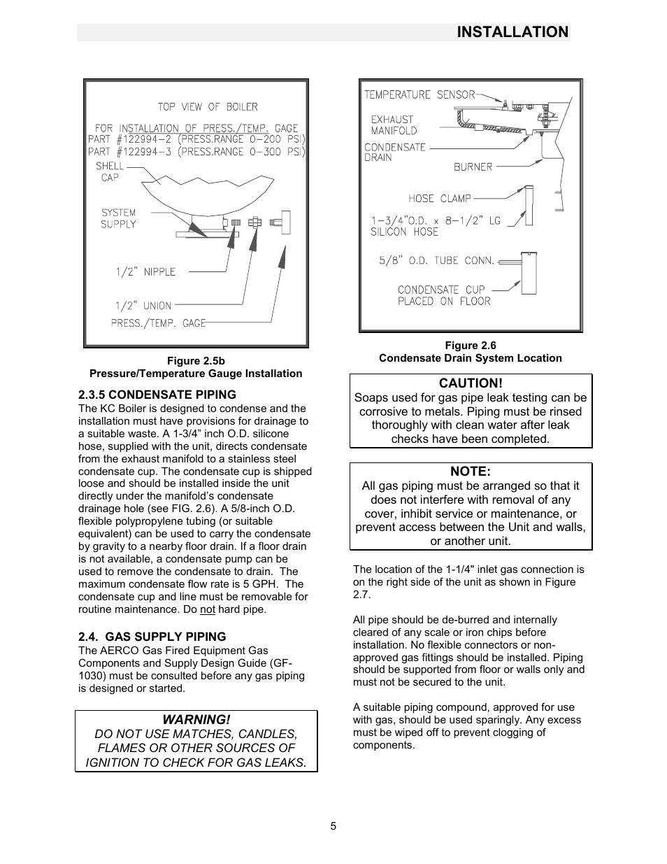 Pressure /temperature gauge installation, Pressure/temperature gauge installation, Condensate drain system location | Installation | AERCO KC1000 Boiler equipped with Mod-Box Controller User Manual | Page 10 / 82