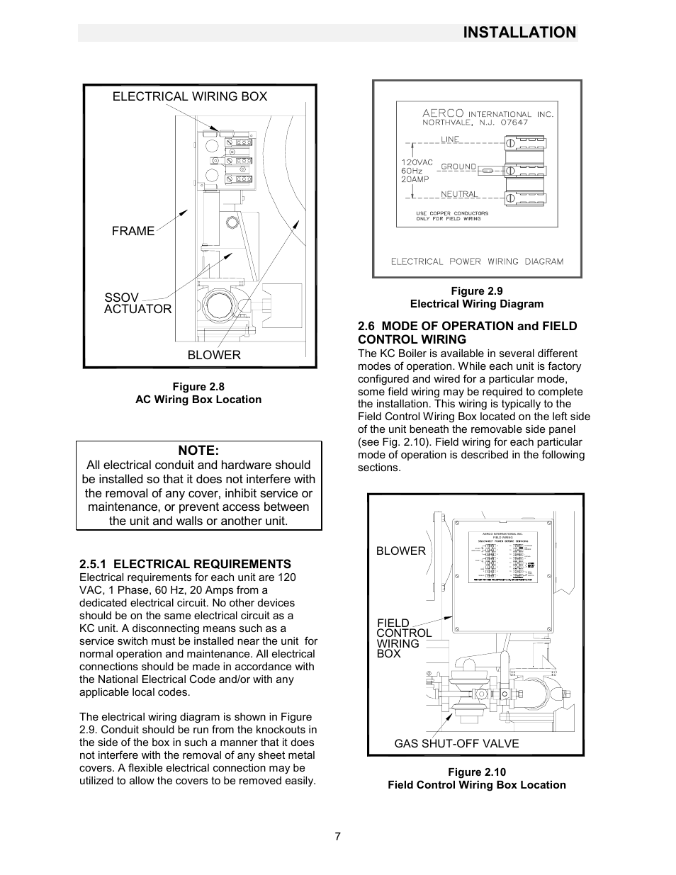 Ac wiring box location, Electrical wiring diagram, Field control wiring box location | Installation, Ssov actuator blower frame electrical wiring box, 1 electrical requirements, 6 mode of operation and field control wiring, Field control gas shut-off valve blower box wiring, Figure 2.8 ac wiring box location, Figure 2.9 electrical wiring diagram | AERCO KC1000 Boiler equipped with Mod-Box Controller User Manual | Page 12 / 82